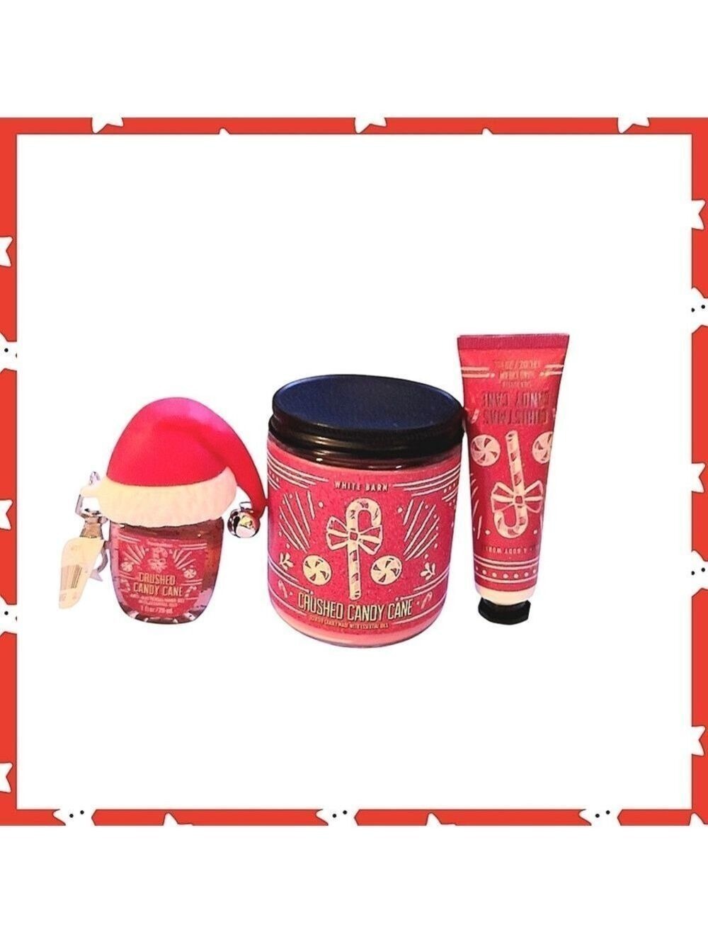 CRUSHED CANDY CANE CANDLE, HAND CREAM, & HAND SANITIZER WITH SANTA HAT HOLDER